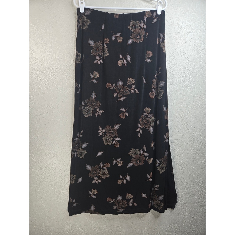 VTG Floral Maxi Skirt L Black Floral Strechy Slinky Straight Long Fairy Grunge